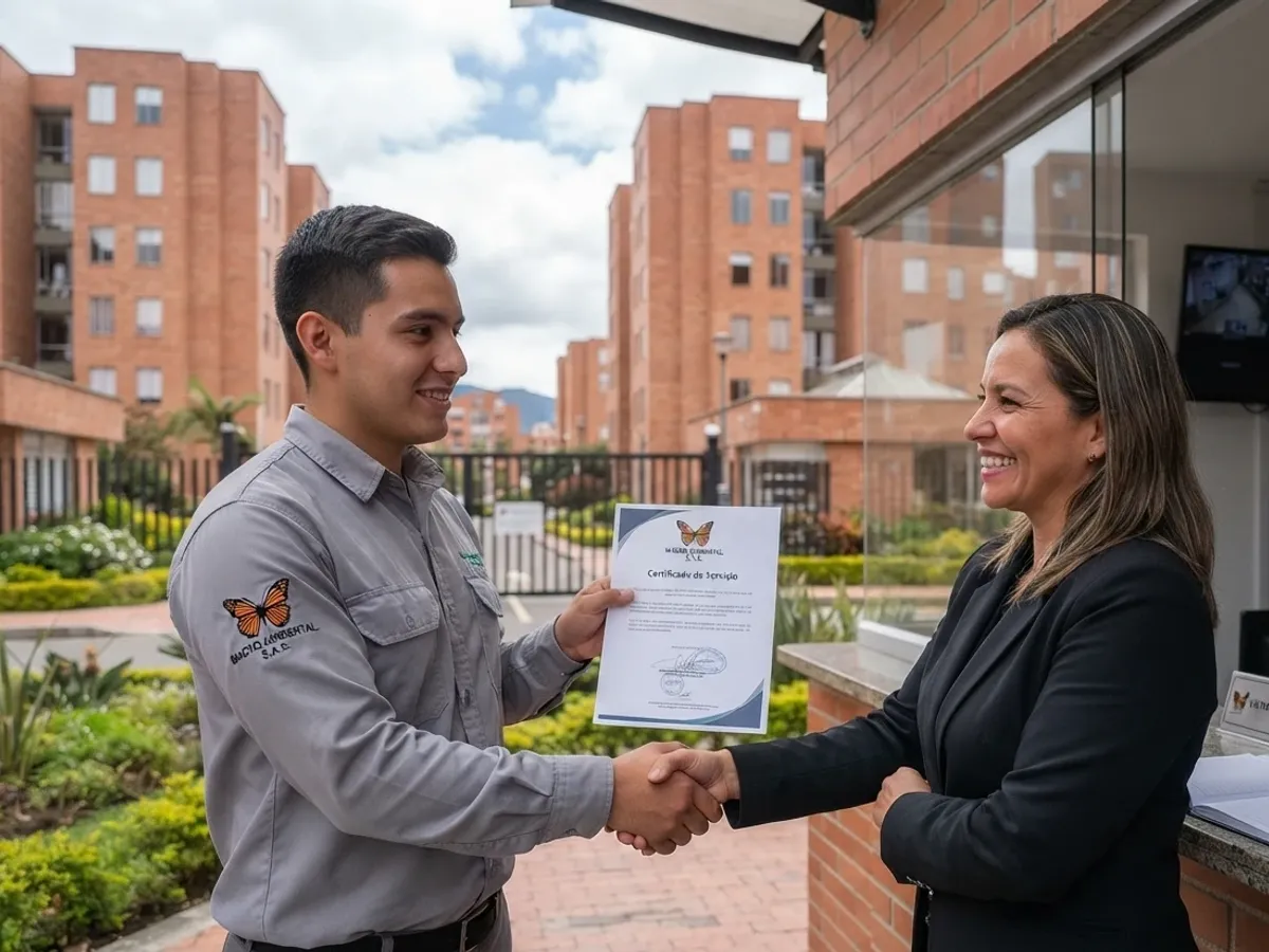 Técnico de Macroambiental entregando el certificado de servicio a la administradora de un conjunto en Bogotá
